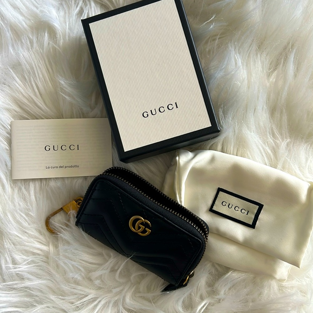 🆕GUCCI Calfskin Matelasse GG Marmont Coin Purse/Key Case Black